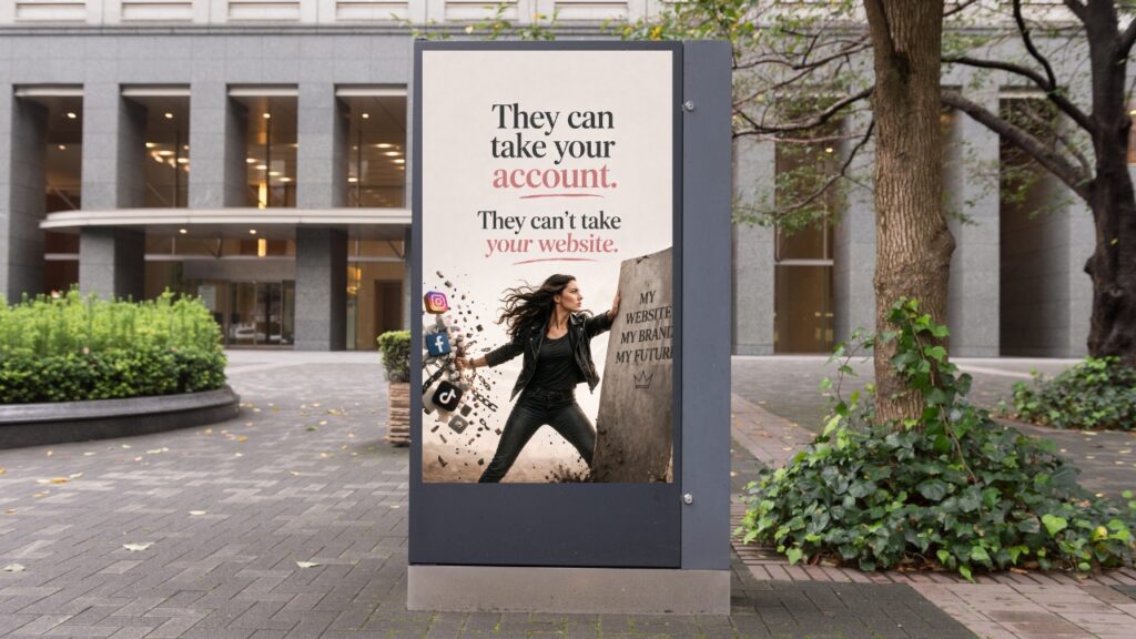 Billboard reading "They can take your account. They can't take your website." with social media logos breaking apart beside a woman holding a stone tablet