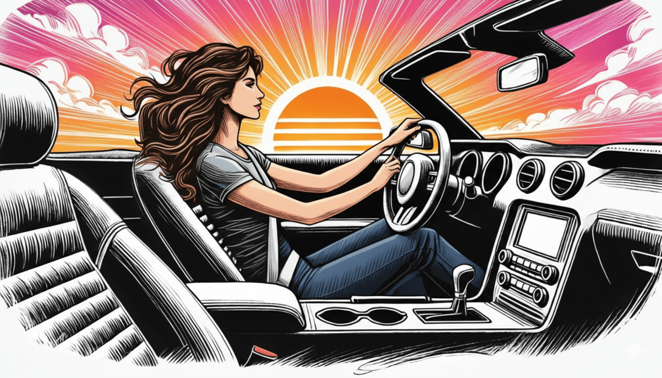 Illustrated woman driving a convertible representing the Buyer Persona Development GPT tool by Post Road Marketing