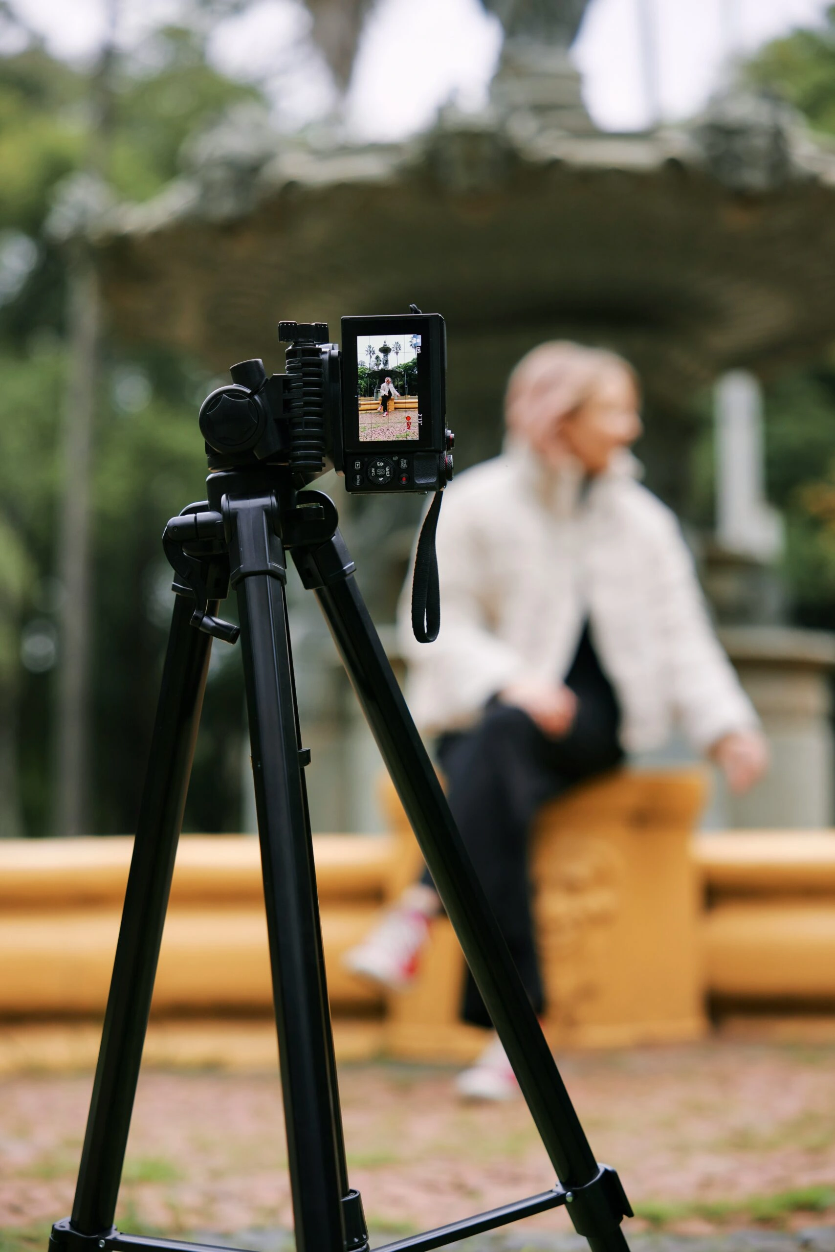 Camera on a tripod in a park framing a woman seated in the background